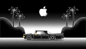 黑白插图一车在月亮下驾驶,并代之以苹果标识
