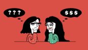 引导图像显示两位妇女讨论钱